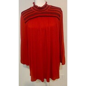 Lane Bryant Women Size 18-20 Red Smocked Blouse Ruffle Mock Neck Collar Timeless